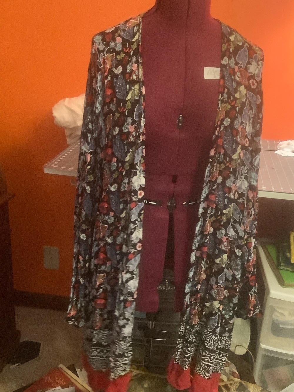 Blue Floral Open Cardigan kimono with Red Accents